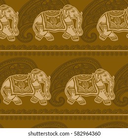 seamless pattern Indian ornamental elephants and tribal ethnic ornaments