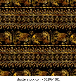 seamless pattern Indian ornamental elephants and tribal ethnic ornaments