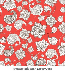seamless pattern with indian ornaments and flowers in skets style on red background, hand drawing, eps 10