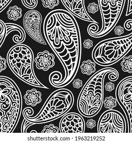 Patrón incomparable de adorno paisley indio. Fondo monocromo blanco y negro ordenado. Impresión bohemia textil. Pintura de batik. Ornamento Vintage Hand Drawn. Ilustración del vector