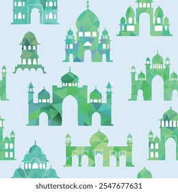 Seamless pattern with Indian palaces, parts of architecture, traditional famous landmark, triangles design elements. Vector illustration