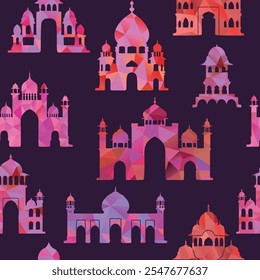 Seamless pattern with Indian palaces, parts of architecture, traditional famous landmark, triangles design elements. Vector illustration