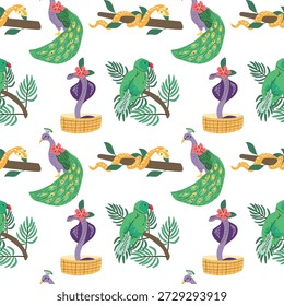 Padrão contínuo com pavão indiano e cobras, periquito. Impressão tropical de verão abstrata com cobra e pássaros.