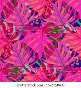 Seamless Pattern with Indian Rainforest. Modern Colorful Texture with Tropical Leaves for Paper, Swimwear, Textile. Vector Tropical Pattern.