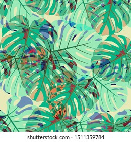 Seamless Pattern with Indian Rainforest. Retro Colorful Texture with Tropical Leaves for Fabric, Textile, Linen. Vector Tropical Pattern.