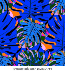 Seamless Pattern with Indian Rainforest. Retro Colorful Texture with Tropical Leaves for Print, Textile, Underwear. Vector Tropical Pattern.