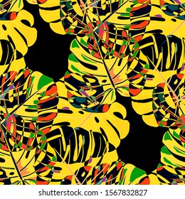 Seamless Pattern with Indian Rainforest. Retro Colorful Texture with Tropical Leaves for Fabric, Wallpaper, Textile. Vector Tropical Pattern.