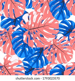 Seamless Pattern with Indian Rainforest. Retro Colorful Texture with Tropical Leaves for Print, Swimwear, Underwear. Vector Tropical Pattern.