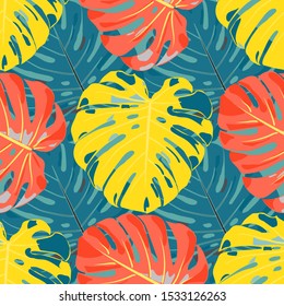 Seamless Pattern with Indian Rainforest. Trendy Colorful Texture with Tropical Leaves for Print, Textile, Linen. Vector Tropical Pattern.