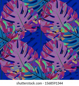 Seamless Pattern with Indian Rainforest. Trendy Colorful Texture with Tropical Leaves for Print, Swimwear, Underwear. Vector Tropical Pattern.