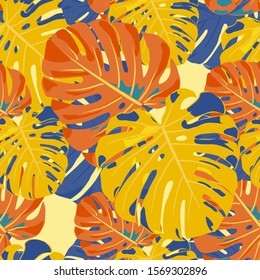 Seamless Pattern with Indian Rainforest. Trendy Colorful Texture with Tropical Leaves for Dress, Swimwear, Cloth. Vector Tropical Pattern.