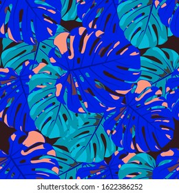 Seamless Pattern with Indian Rainforest. Trendy Colorful Texture with Tropical Leaves for Wallpaper, Swimwear, Underwear. Vector Tropical Pattern.