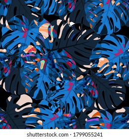 Seamless Pattern with Indian Rainforest. Trendy Colorful Texture with Tropical Leaves for Fabric, Wallpaper, Linen. Vector Tropical Pattern.