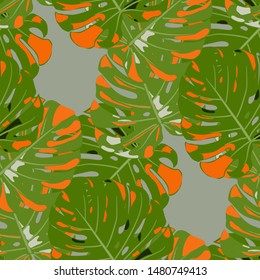 Seamless Pattern with Indian Rainforest. Vintage Colorful Texture with Tropical Leaves for Print, Swimwear, Underwear. Vector Tropical Pattern.