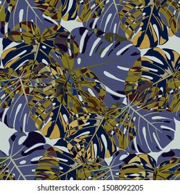 Seamless Pattern with Indian Rainforest. Vintage Colorful Texture with Tropical Leaves for Print, Swimwear, Underwear. Vector Tropical Pattern.