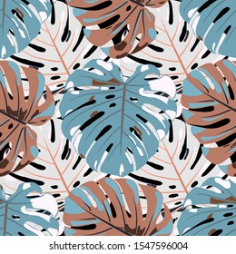 Seamless Pattern with Indian Rainforest. Vintage Colorful Texture with Tropical Leaves for Dress, Swimwear, Cloth. Vector Tropical Pattern.