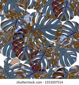Seamless Pattern with Indian Rainforest. Vintage Colorful Texture with Tropical Leaves for Print, Textile, Linen. Vector Tropical Pattern.