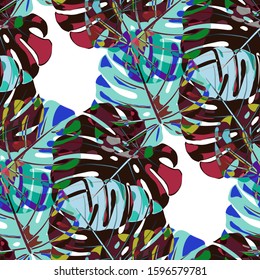 Seamless Pattern with Indian Rainforest. Vintage Colorful Texture with Tropical Leaves for Dress, Curtain, Cloth. Vector Tropical Pattern.