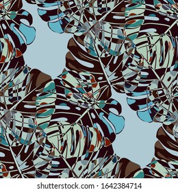 Seamless Pattern with Indian Rainforest. Vintage Colorful Texture with Tropical Leaves for Fabric, Textile, Linen. Vector Tropical Pattern.