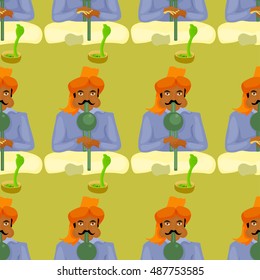 seamless pattern Indian snake charmer playing the instrument vector illustration