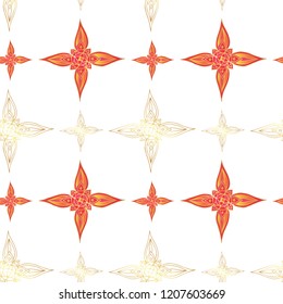 Seamless pattern in indian style. Abstract stars in red colors with gold contours on a white background. 