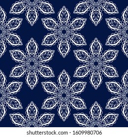 Seamless pattern in indian style. Dark blue background with white design. Vector illustration
