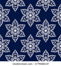 Seamless pattern in indian style. Dark blue background with white design. Vector illustration