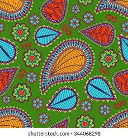 Seamless pattern in Indian style.  Ethnic ornament with flowers and paisleys.
