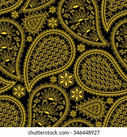 Seamless pattern in Indian style.  Ethnic ornament with flowers and paisleys. Golden (yellow) elements on  black background