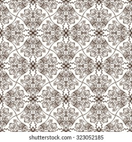 Seamless pattern in Indian style, mehndi henna ornament, ethnic oriental wallpaper with pagan symbols to attract good energy in human life, there is a decorative fish, lotus, wave and floral elements.