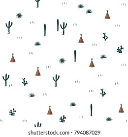 Seamless pattern with indian tents and cacti. Saguaro, opuntia, and wigwames. Vector illustration.