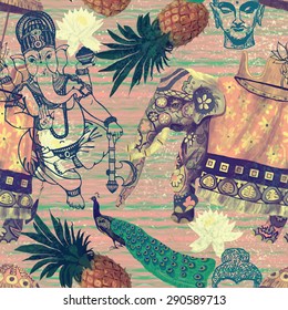 Seamless pattern in Indian vintage style with elephants, peacocks, Ganesha, Buddha head, pineapples and lotus flowers. Hand drawn vector.