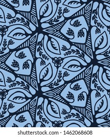 Seamless pattern indigo blue flower motif Japanese style. Hand drawn dyed floral damask textiles. Decorative trendy monochrome all over print. 