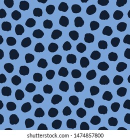 Seamless pattern. Indigo blue hand drawn imperfect polka dot spot shape background. Monochrome textured dotty ink circle all over print swatch
