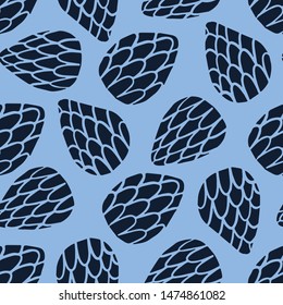 Seamless pattern indigo blue. Hand drawn abstract organic seed pod shape background. Monochrome textured flower head all over print swatch
