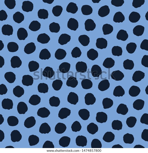 Seamless pattern. Indigo blue hand drawn\
imperfect polka dot spot shape background. Monochrome textured\
dotty ink circle all over print\
swatch\
