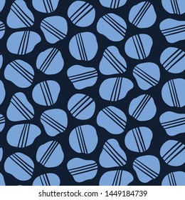 Seamless pattern indigo blue stylized rock pebble. Folk art nature textiles background. Japanese navy quilt style monochrome home decor. Trendy tossed striped shape all over print. Vector swatch 
