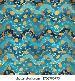 Seamless pattern indigo color. Blue paint brush strokes. Gold watercolor. Luxury abstract golden design for covers, prints. Elegant painted marble background. Fashion scribble smudges texture