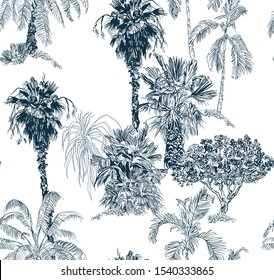 Seamless Pattern Indigo Navy Blue Vintage Outline Engraving Hand Drawn Illustration of Jungle Forest with Tropical Palms Rainforest Exotic Plants Monochrome British Textile Design on White Background