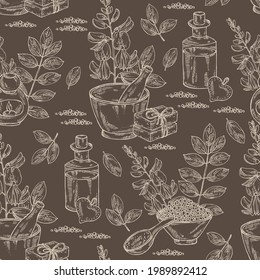 Seamless pattern with Indigofera tinctoria: plant, flowers and leaves of indigo. Oil, soap and bath salt . Cosmetics and medical plant. Vector hand drawn illustration