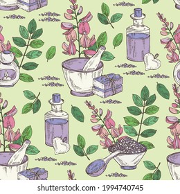 Patrón sin foco con Indigofera tinctoria: plantas, flores y hojas de añil. Aceite, jabón y sal de baño. Cosméticos y plantas médicas. Ilustración dibujada a mano por el vector