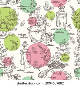 Seamless pattern with Indigofera tinctoria: plant, flowers and leaves of indigo. Oil, soap and bath salt . Cosmetics and medical plant. Vector hand drawn illustration