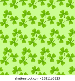 Seamless pattern of individual shamrock leaves on a light green background for St. Patrick's Day
