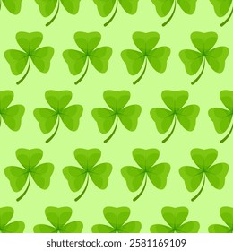 Seamless pattern of individual shamrock leaves in a checkerboard pattern on a light green background for St. Patrick's Day