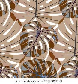 Seamless Pattern with Indonesian Jungle. Modern Colorful Texture with Tropical Leaves for Wallpaper, Swimwear, Underwear. Vector Tropical Pattern.