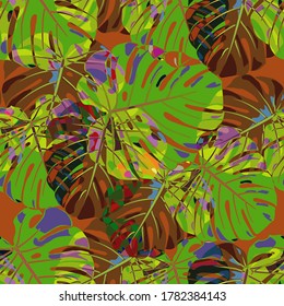 Patrón sin foco con la jungla indonesia. Textura colorida moderna con hojas tropicales para vestir, bañar, vestir. Patrón tropical vectorial.