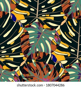 Seamless Pattern with Indonesian Jungle. Modern Colorful Texture with Tropical Leaves for Fabric, Wallpaper, Textile. Vector Tropical Pattern.