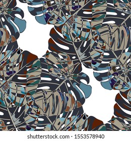 Seamless Pattern with Indonesian Jungle. Retro Colorful Texture with Tropical Leaves for Wallpaper, Swimwear, Underwear. Vector Tropical Pattern.