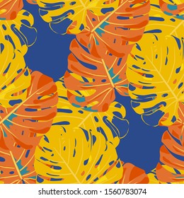 Seamless Pattern with Indonesian Jungle. Retro Colorful Texture with Tropical Leaves for Dress, Curtain, Cloth. Vector Tropical Pattern.