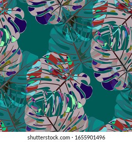 Seamless Pattern with Indonesian Jungle. Retro Colorful Texture with Tropical Leaves for Print, Textile, Linen. Vector Tropical Pattern.